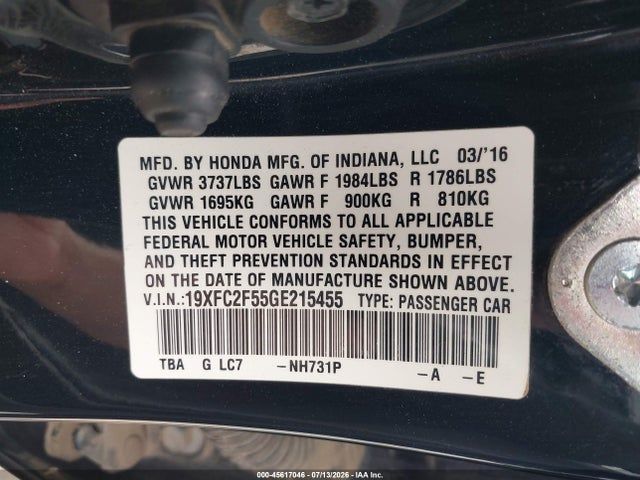 Honda Civic Lx 2016 19XFC2F55GE215455 Image 9