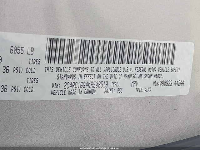 Aukcja sprzedaży 2019 Chrysler Pacifica Limited, vin: 2C4RC1GG4KR508519, numer aukcji: 45617050