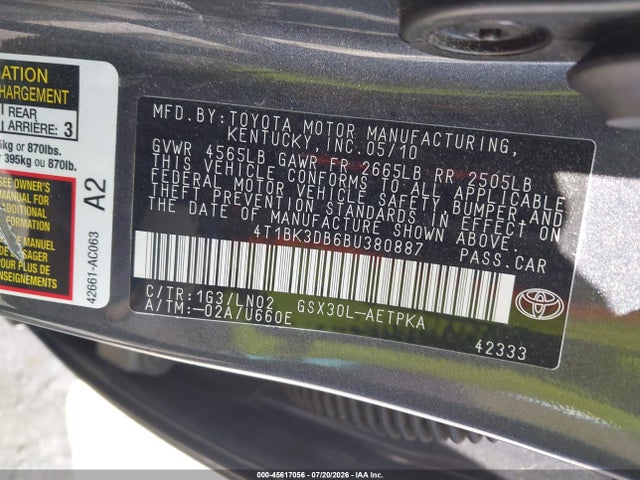 2011 Toyota Avalon Limited მანქანა იყიდება აუქციონზე, vin: 4T1BK3DB6BU380887, აუქციონის ნომერი: 45617056