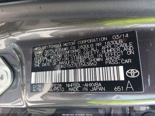 2014 Toyota Prius C One მანქანა იყიდება აუქციონზე, vin: JTDKDTB37E1563862, აუქციონის ნომერი: 45617076