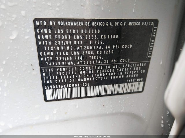 Auction sale of the 2019 Volkswagen Tiguan 2.0t Se/2.0t Sel/2.0t Sel R-line/2.0t Sel R-line Black, vin: 3VV3B7AX4KM011225, lot number: 45617079