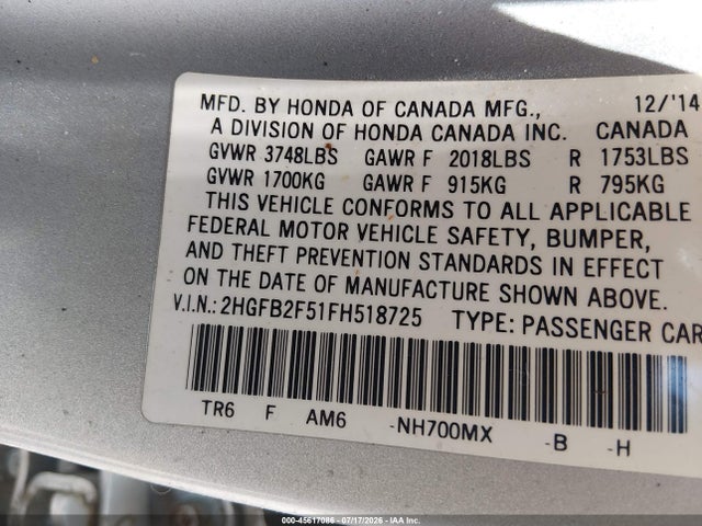2HGFB2F51FH518725 Honda Civic Lx