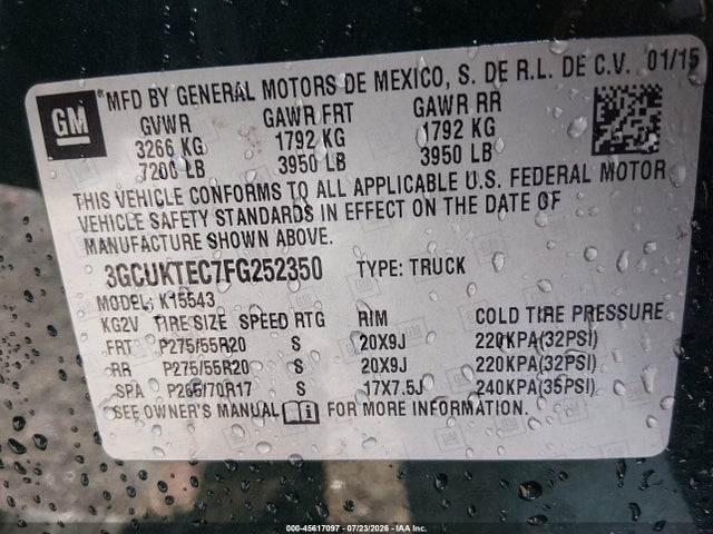 Продажа на аукционе авто 2015 Chevrolet Silverado 1500 High Country, vin: 3GCUKTEC7FG252350, номер лота: 45617097