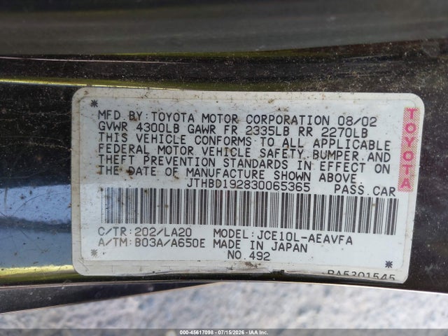 Продаж на аукціоні авто 2003 Lexus Is 300, vin: JTHBD192830065365, номер лоту: 45617098