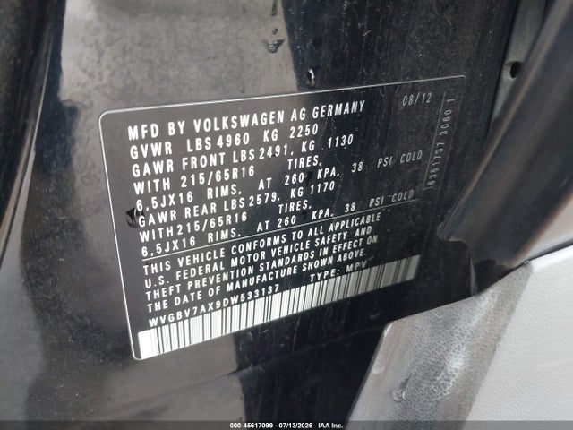Auction sale of the 2013 Volkswagen Tiguan S, vin: WVGBV7AX9DW533137, lot number: 45617099