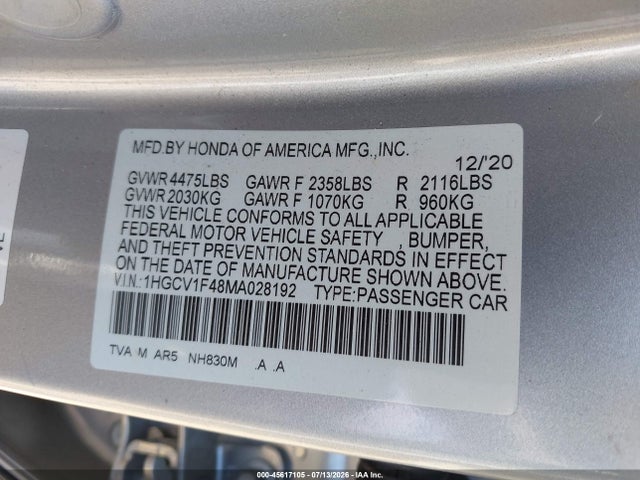 Aukcja sprzedaży 2021 Honda Accord Sport Special Edition, vin: 1HGCV1F48MA028192, numer aukcji: 45617105