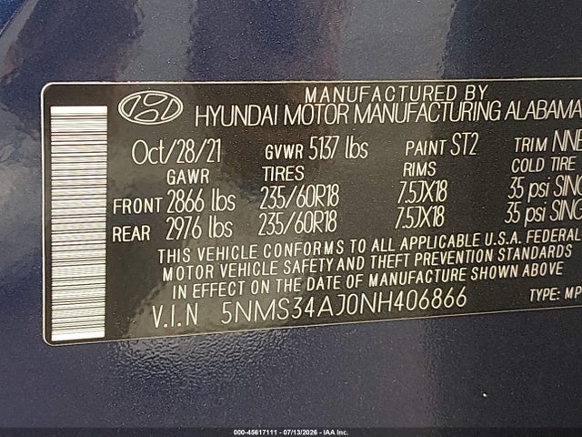 2022 Hyundai Santa Fe Sel მანქანა იყიდება აუქციონზე, vin: 5NMS34AJ0NH406866, აუქციონის ნომერი: 45617111