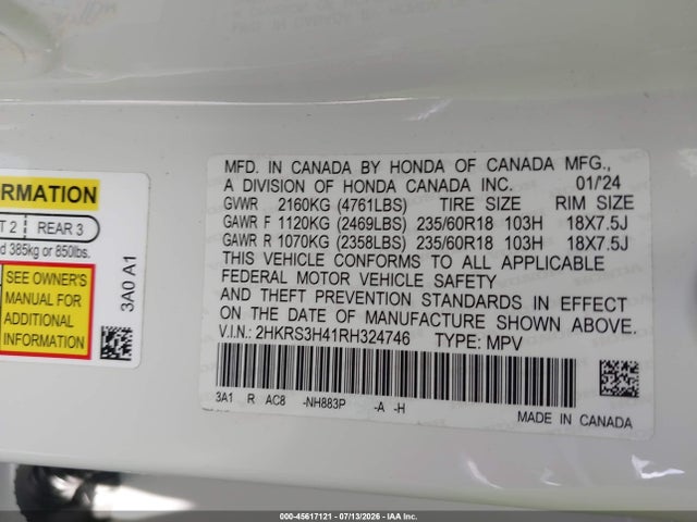 Продаж на аукціоні авто 2024 Honda Cr-v Ex 2wd, vin: 2HKRS3H41RH324746, номер лоту: 45617121
