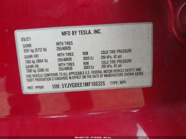 5YJYGDEE1MF186326 Tesla Model Y Long Range Dual Motor All-wheel Drive