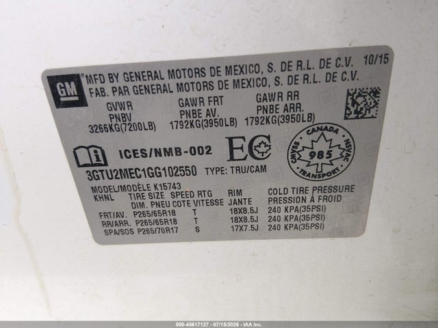 45617127 :رقم المزاد ، 3GTU2MEC1GG102550 vin ، 2016 Gmc Sierra 1500 Sle مزاد بيع