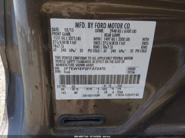 2015 Ford F-150 Xlt მანქანა იყიდება აუქციონზე, vin: 1FTEW1EP2FFA72470, აუქციონის ნომერი: 45617142