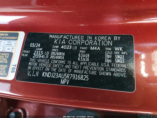 Aukcja sprzedaży 2024 Kia Soul S, vin: KNDJ23AU5R7916825, numer aukcji: 45617143