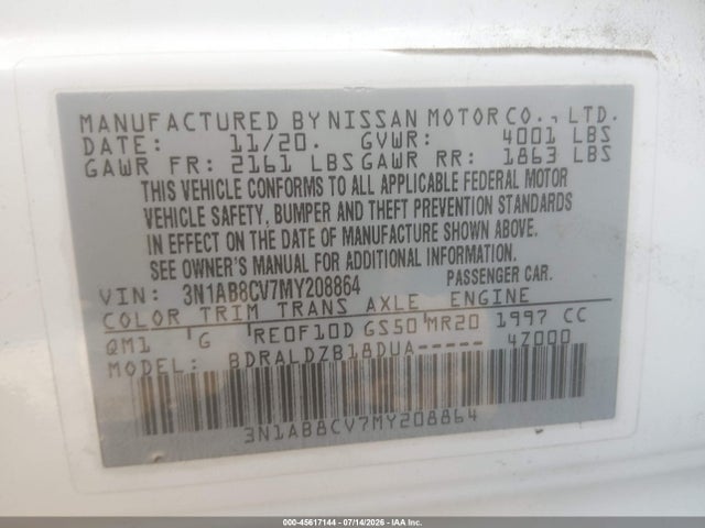 2021 Nissan Sentra Sv Xtronic Cvt მანქანა იყიდება აუქციონზე, vin: 3N1AB8CV7MY208864, აუქციონის ნომერი: 45617144