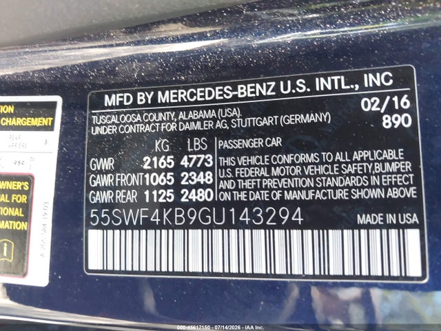 45617150 :رقم المزاد ، 55SWF4KB9GU143294 vin ، 2016 Mercedes-benz C 300 Luxury 4matic مزاد بيع