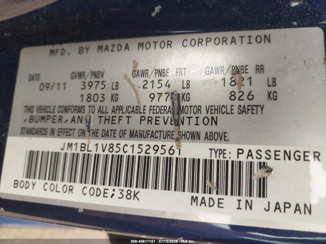 45617151 :رقم المزاد ، JM1BL1V85C1529561 vin ، 2012 Mazda Mazda3 I Touring مزاد بيع