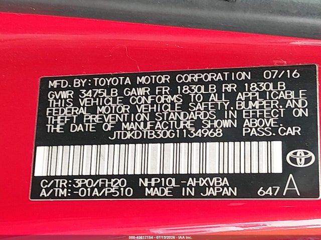 JTDKDTB30G1134968 Toyota Prius C One