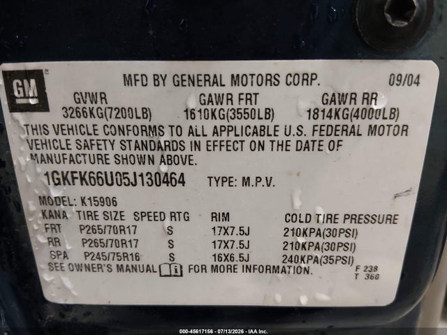 Продаж на аукціоні авто 2005 Gmc Yukon Xl 1500 Denali, vin: 1GKFK66U05J130464, номер лоту: 45617156