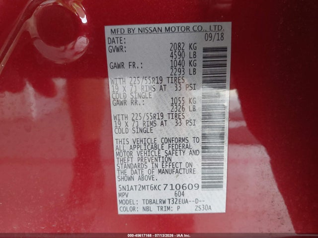 Продаж на аукціоні авто 2019 Nissan Rogue Sl, vin: 5N1AT2MT6KC710609, номер лоту: 45617168