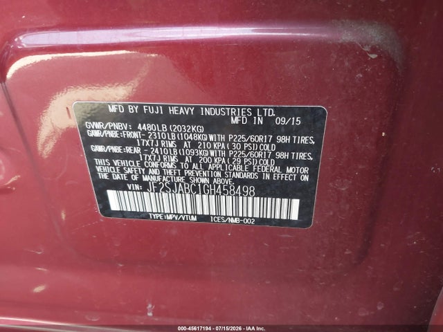 Auction sale of the 2016 Subaru Forester 2.5i, vin: JF2SJABC1GH458498, lot number: 45617194
