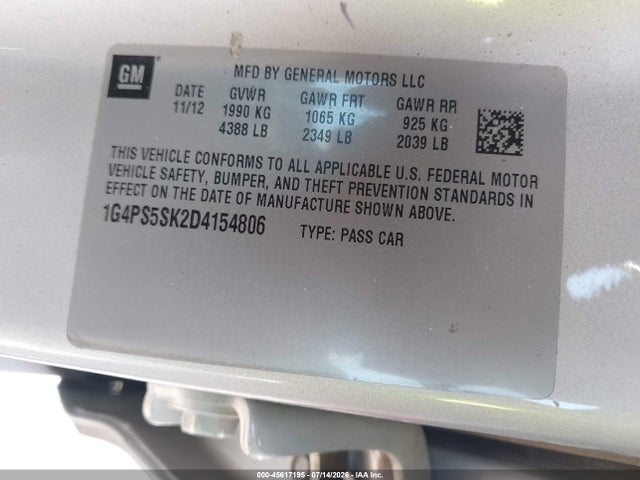 45617195 :رقم المزاد ، 1G4PS5SK2D4154806 vin ، 2013 Buick Verano Leather Group مزاد بيع