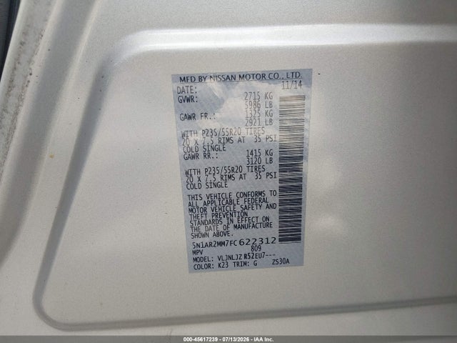 5N1AR2MM7FC622312 Nissan Pathfinder Platinum