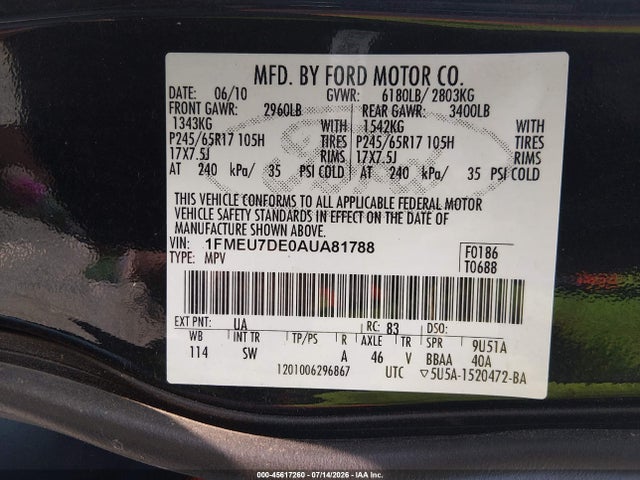 Auction sale of the 2010 Ford Explorer Xlt, vin: 1FMEU7DE0AUA81788, lot number: 45617260