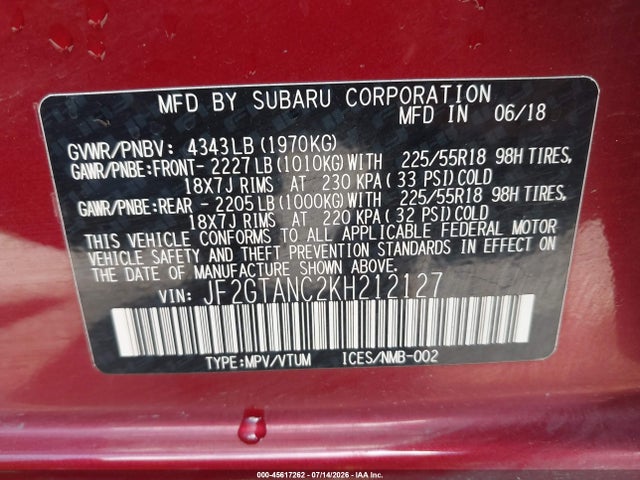 2019 Subaru Crosstrek 2.0i Limited მანქანა იყიდება აუქციონზე, vin: JF2GTANC2KH212127, აუქციონის ნომერი: 45617262