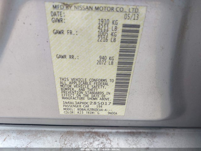 45617274 :رقم المزاد ، 1N4AL3APXDC285017 vin ، 2013 Nissan Altima 2.5 S مزاد بيع