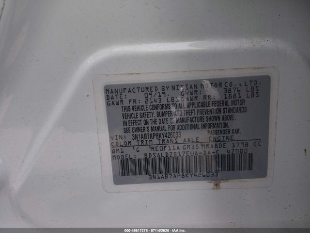 Продаж на аукціоні авто 2019 Nissan Sentra Sv, vin: 3N1AB7AP8KY426033, номер лоту: 45617276