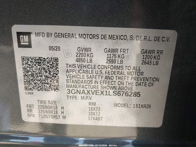 Aukcja sprzedaży 2020 Chevrolet Equinox Awd Lt 2.0l Turbo, vin: 3GNAXVEX1LS676285, numer aukcji: 45617295