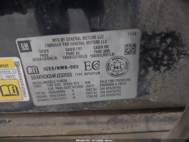2015 Buick Enclave Premium მანქანა იყიდება აუქციონზე, vin: 5GAKVCKD4FJ232553, აუქციონის ნომერი: 45617321