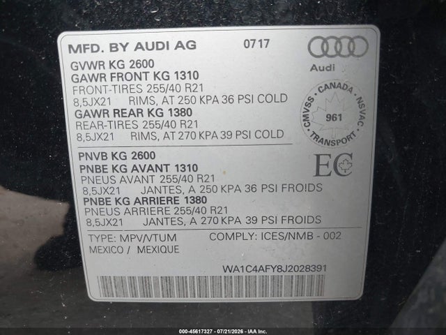 Продажа на аукционе авто 2018 Audi Sq5 3.0t Premium Plus, vin: WA1C4AFY8J2028391, номер лота: 45617327