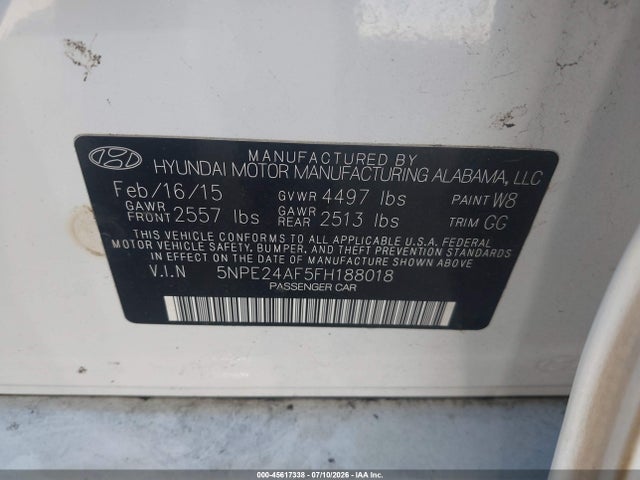 45617338 :رقم المزاد ، 5NPE24AF5FH188018 vin ، 2015 Hyundai Sonata Se مزاد بيع