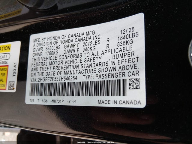 45617345 :رقم المزاد ، 2HGFE2F53TH546254 vin ، 2026 Honda Civic Sport مزاد بيع