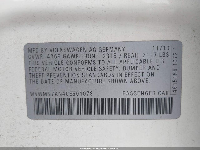 Продаж на аукціоні авто 2012 Volkswagen Cc Sport, vin: WVWMN7AN4CE501079, номер лоту: 45617356