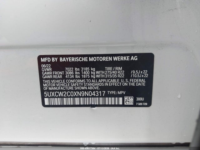 Auction sale of the 2022 Bmw X7 Xdrive40i, vin: 5UXCW2C0XN9N04317, lot number: 45617364