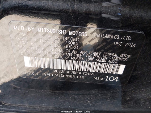 Aukcja sprzedaży 2024 Mitsubishi Mirage G4 Black Edition/es/le, vin: ML32FUFJ9RHF20460, numer aukcji: 45617374