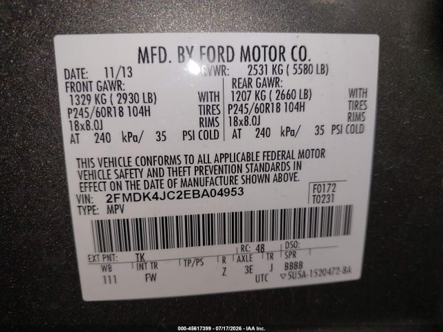 Aukcja sprzedaży 2014 Ford Edge Sel, vin: 2FMDK4JC2EBA04953, numer aukcji: 45617399
