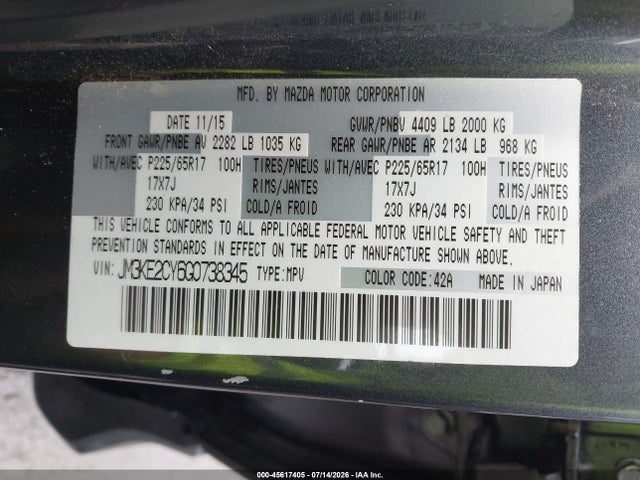 Продаж на аукціоні авто 2016 Mazda Cx-5 Touring, vin: JM3KE2CY6G0738345, номер лоту: 45617405