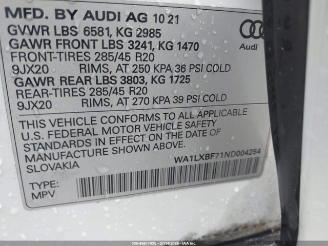 Aukcja sprzedaży 2022 Audi Q7 Premium Plus 55 Tfsi Quattro Tiptronic, vin: WA1LXBF71ND004254, numer aukcji: 45617425