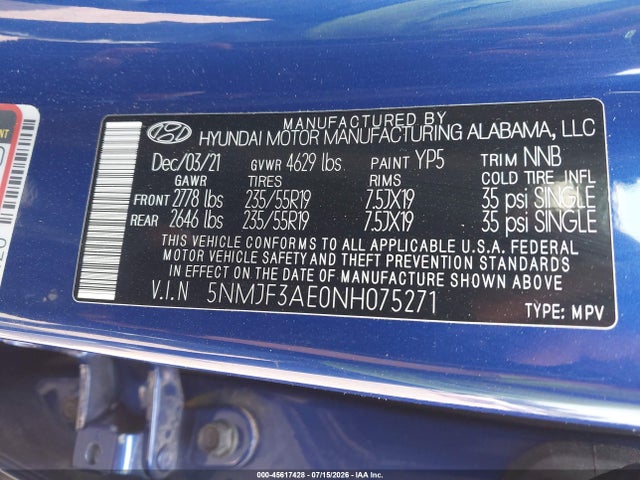 Продаж на аукціоні авто 2022 Hyundai Tucson Sel, vin: 5NMJF3AE0NH075271, номер лоту: 45617428