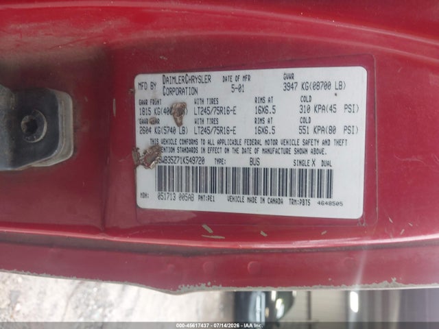 2001 Dodge Ram Wagon 3500 მანქანა იყიდება აუქციონზე, vin: 2B5WB35Z71K549720, აუქციონის ნომერი: 45617437