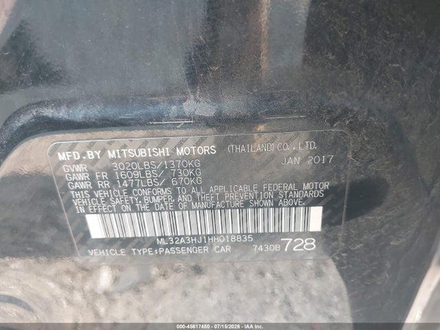 Продаж на аукціоні авто 2017 Mitsubishi Mirage Es, vin: ML32A3HJ1HH018835, номер лоту: 45617450