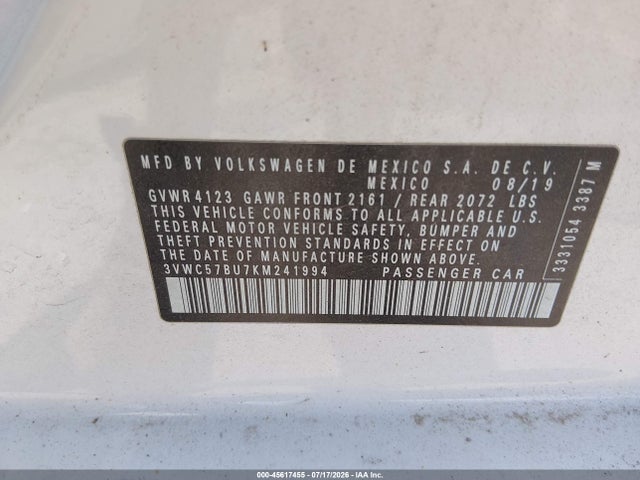 Продаж на аукціоні авто 2019 Volkswagen Jetta 1.4t R-line/1.4t S/1.4t Se, vin: 3VWC57BU7KM241994, номер лоту: 45617455
