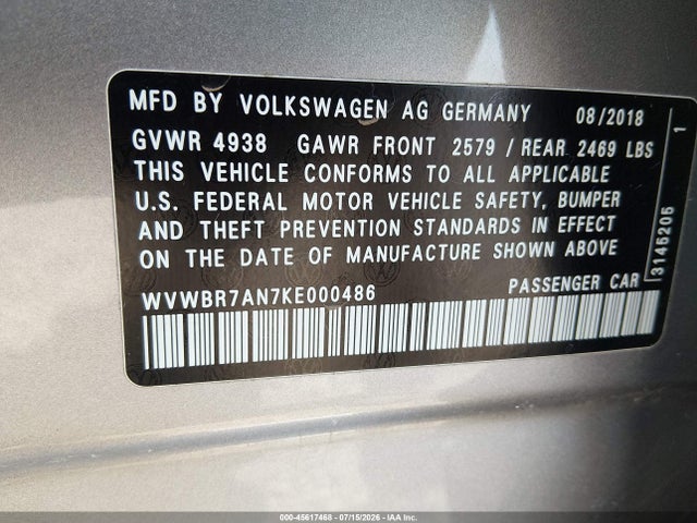 45617468 :رقم المزاد ، WVWBR7AN7KE000486 vin ، 2019 Volkswagen Arteon 2.0t Se مزاد بيع