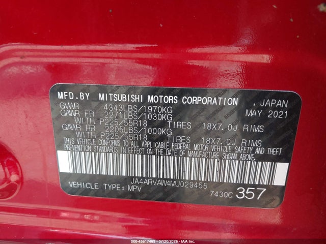 2021 Mitsubishi Outlander Sport 2.4 Gt Awc მანქანა იყიდება აუქციონზე, vin: JA4ARVAW4MU029455, აუქციონის ნომერი: 45617469