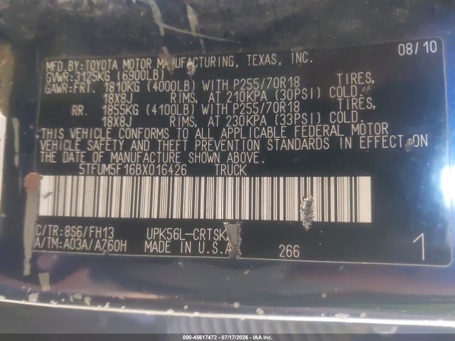 2011 Toyota Tundra Grade 4.6l V8 მანქანა იყიდება აუქციონზე, vin: 5TFUM5F16BX016426, აუქციონის ნომერი: 45617472