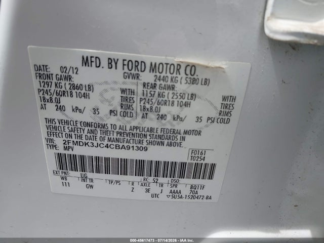 2012 Ford Edge Sel მანქანა იყიდება აუქციონზე, vin: 2FMDK3JC4CBA91309, აუქციონის ნომერი: 45617473