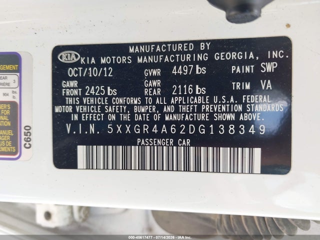 Продажа на аукционе авто 2013 Kia Optima Sx, vin: 5XXGR4A62DG138349, номер лота: 45617477