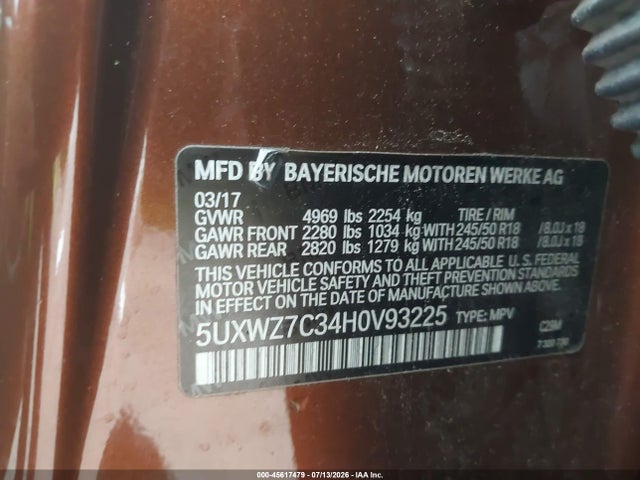 45617479 :رقم المزاد ، 5UXWZ7C34H0V93225 vin ، 2017 Bmw X3 Sdrive28i مزاد بيع